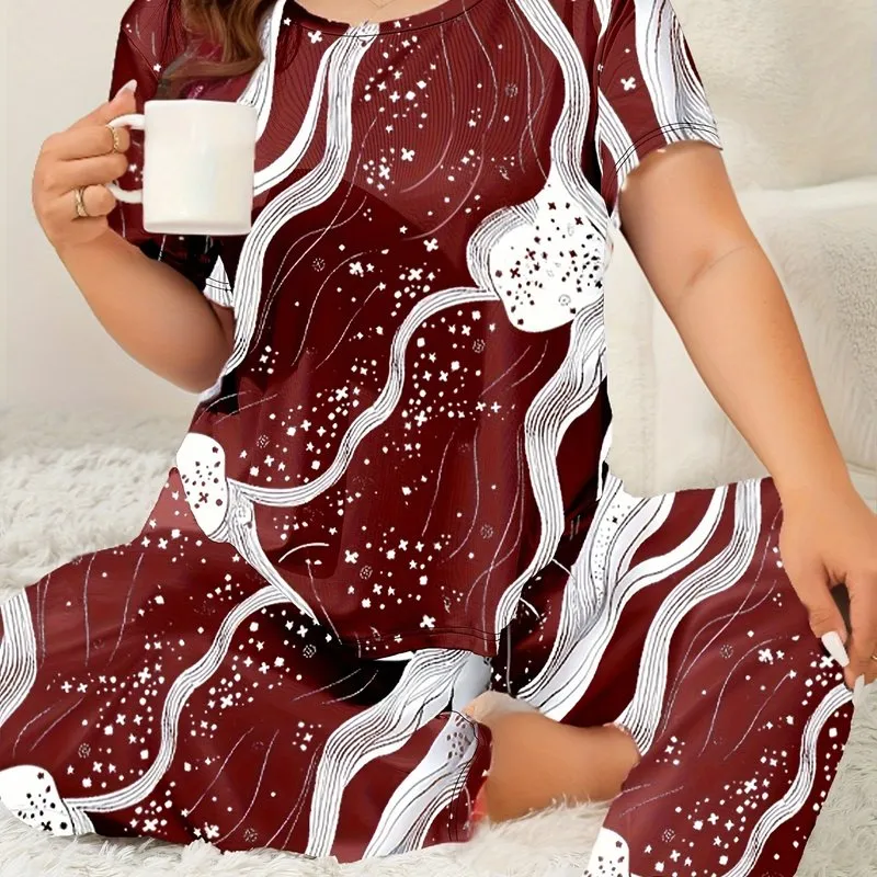 Plus Size Women's Elegant Loungewear Set with Star Graphic Top & Pants Pajamas"