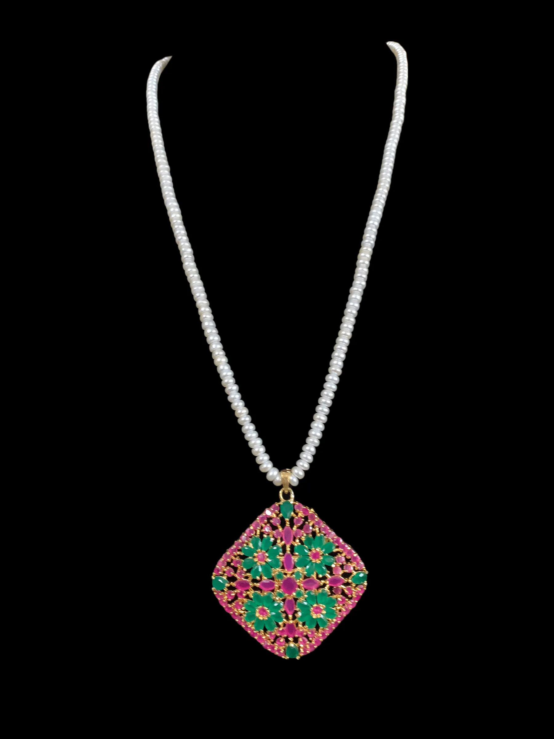 Ps411 Ramla pendant set in fresh water pearls -Ruby emerald   ( READY TO SHIP)