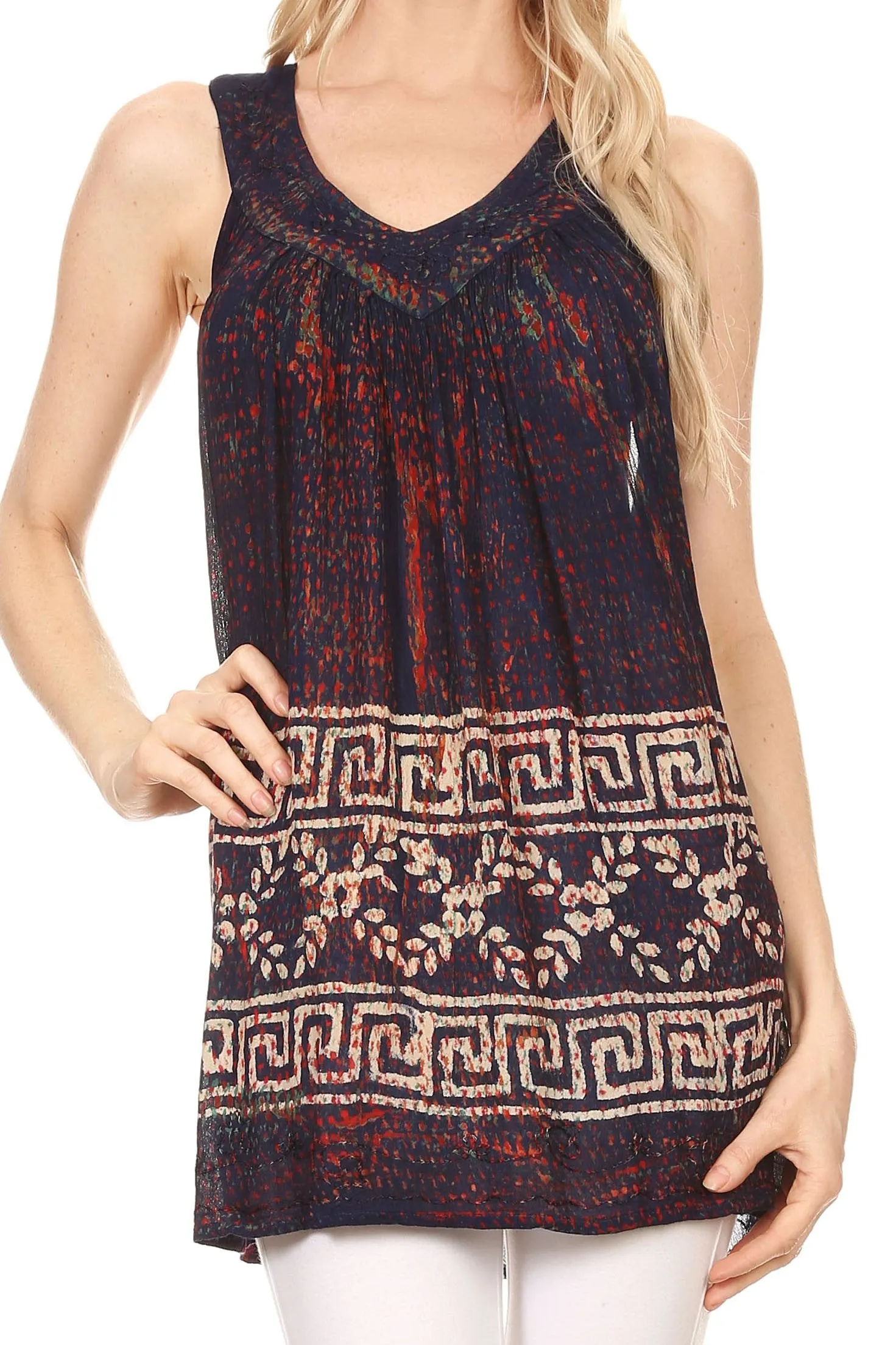 Sakkas Silvia Sleeveless V-neck Printed Tank Top Blouse