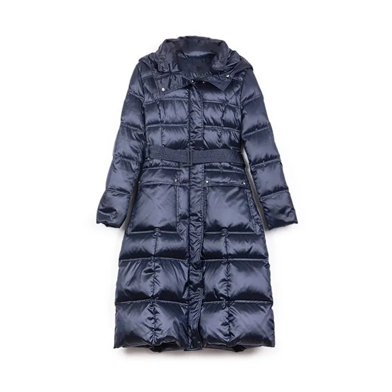 Sapphire Glossy Long Winter Down Jacket With Belt