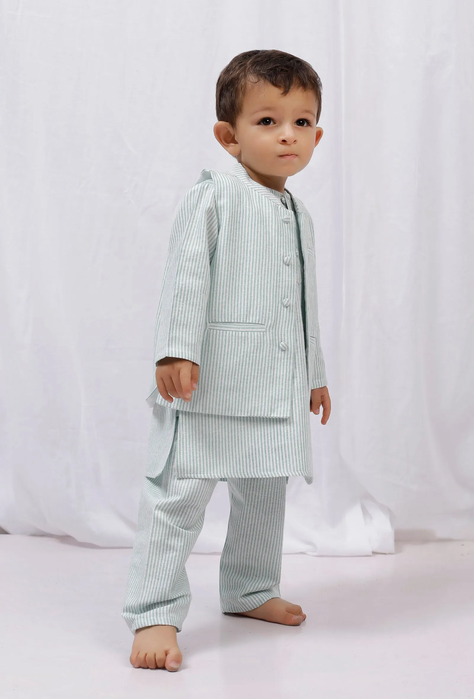 Set of 3: Green Striped Cotton Kurta and Pajama  with Green Striped Nehru Jacket