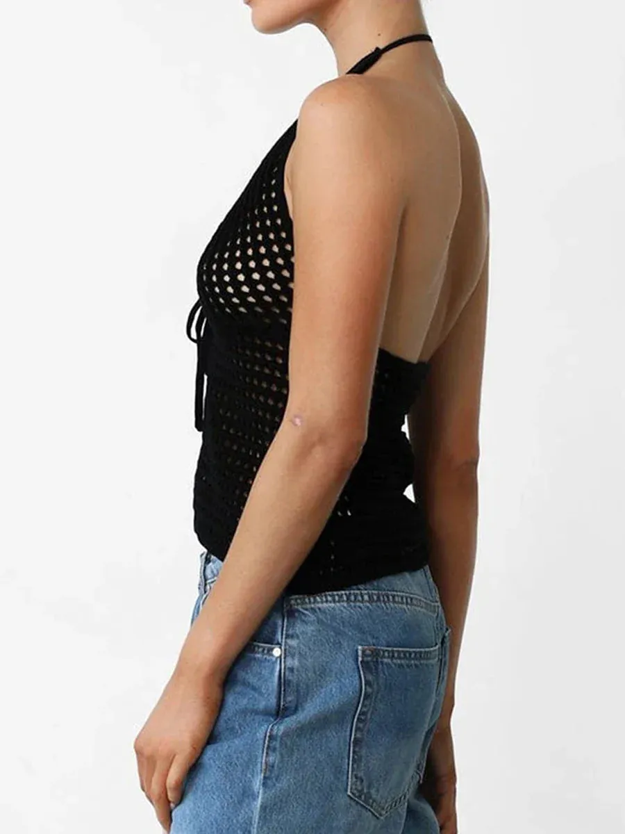 Sexy Hollow Out Knitted Vest Backless Sleeveless Halter Crop Tops Tie-up Tank Women Top