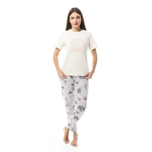 Short Sleeves Tee & Patterned Pants Pajama Set - White