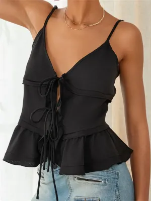 Sleeveless Deep V Neck Front Split Tie-Up Ruffles Hem Cami Top in Solid Color