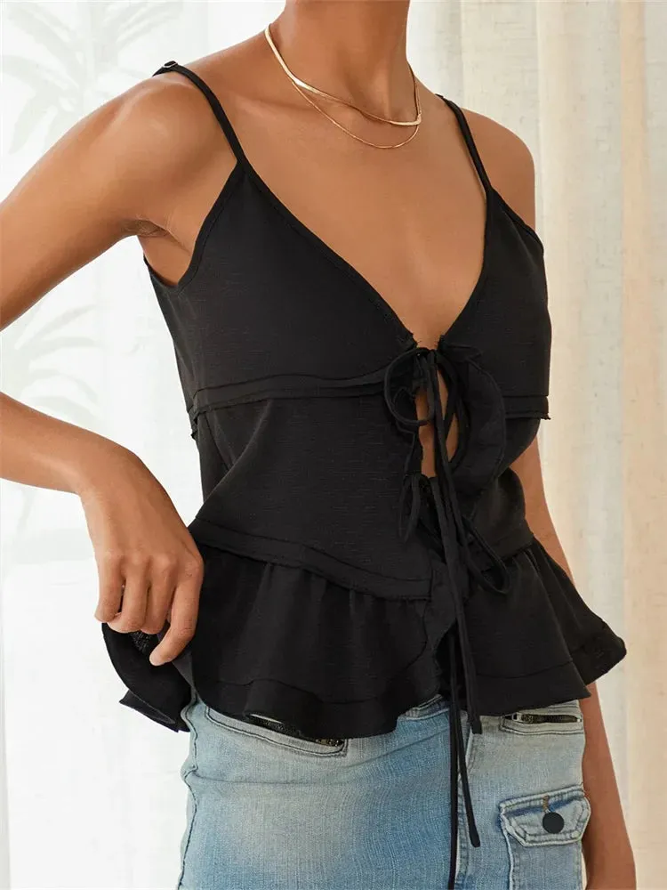 Sleeveless Deep V Neck Front Split Tie-Up Ruffles Hem Cami Top in Solid Color