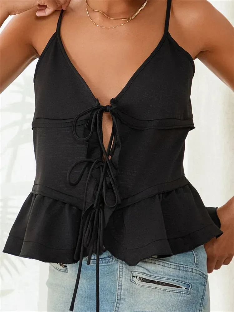 Sleeveless Deep V Neck Front Split Tie-Up Ruffles Hem Cami Top in Solid Color