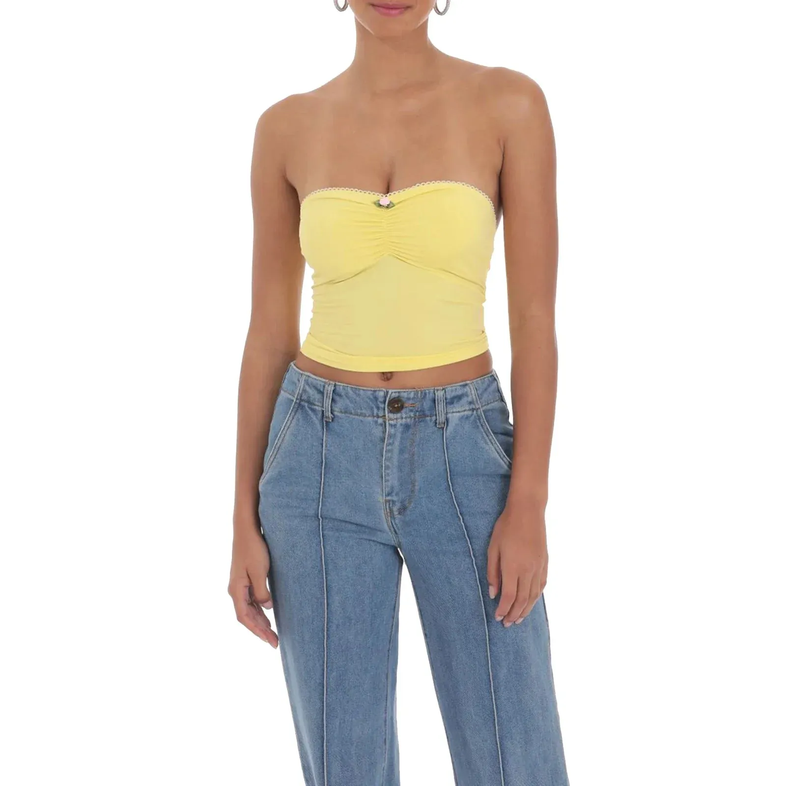 Summer Slim Tube Solid Color Bandeau Mini Rosette Ruched Show Navel Streetwear Tank Women's Top