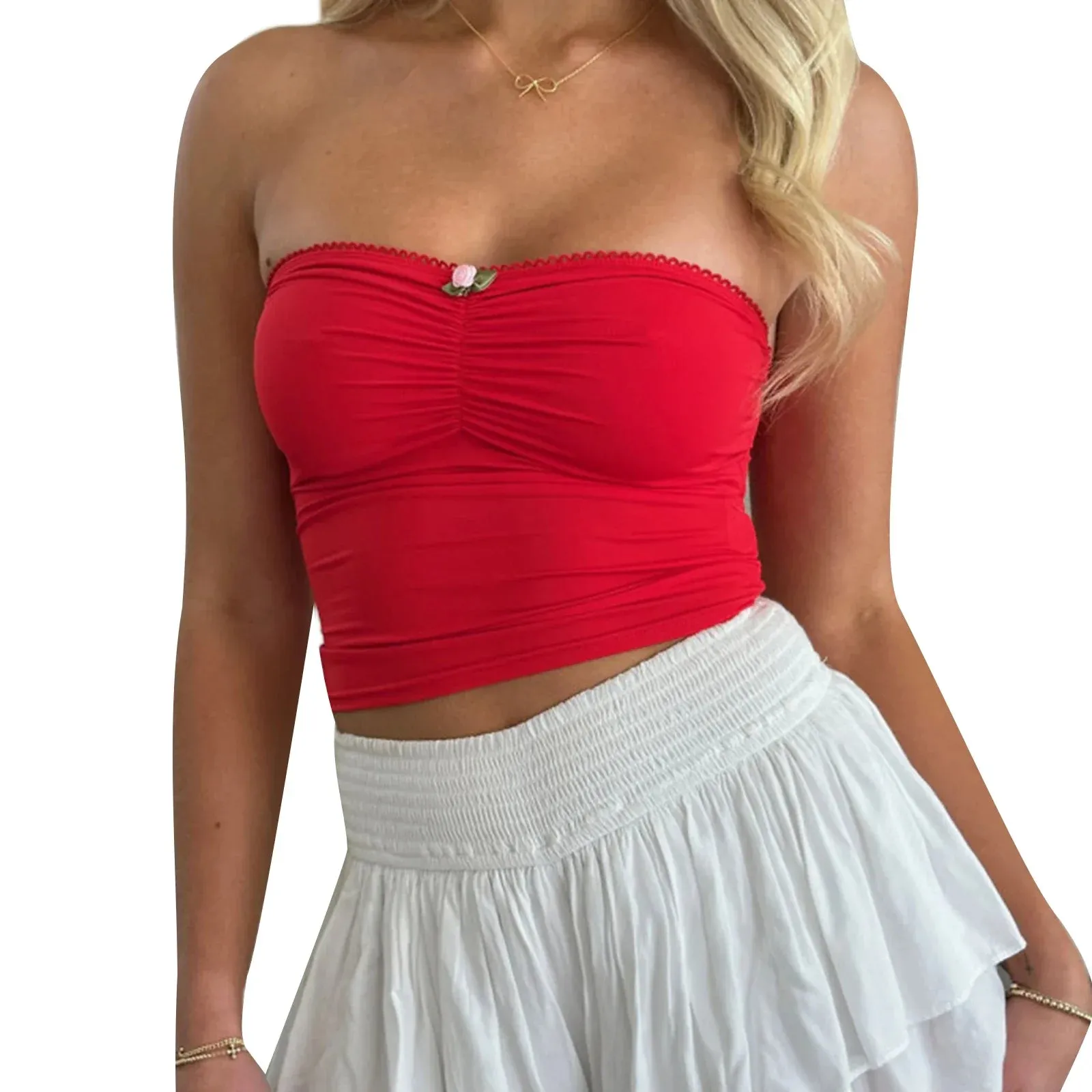 Summer Slim Tube Solid Color Bandeau Mini Rosette Ruched Show Navel Streetwear Tank Women's Top