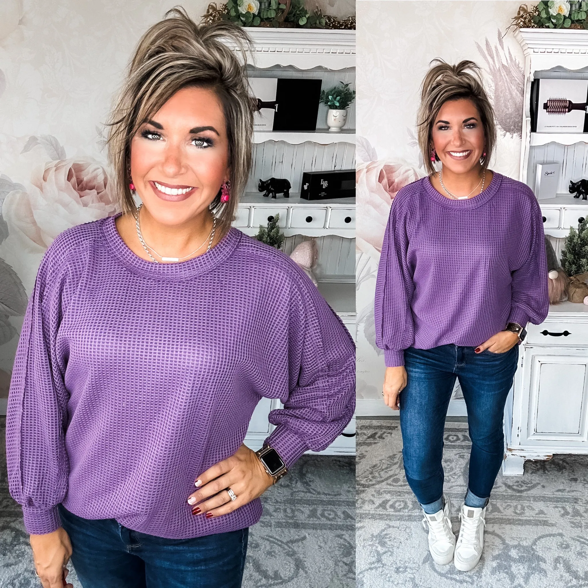 Too Much Fun Waffle Knit Top - Purple