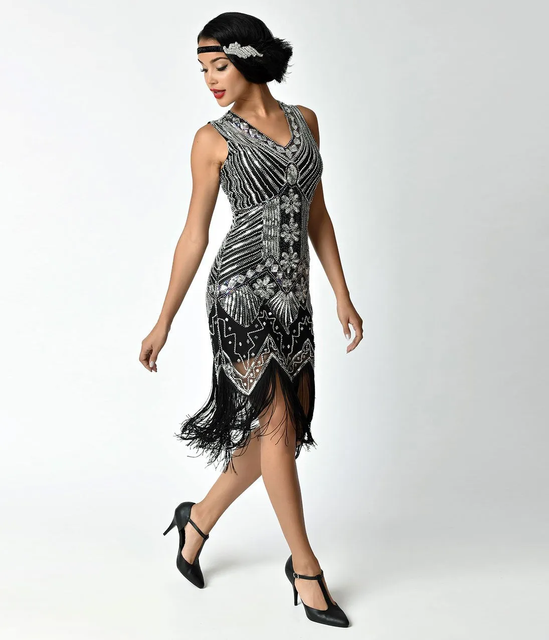 Unique Vintage 1920s Deco Silver & Black Veronique Fringe Flapper Dress