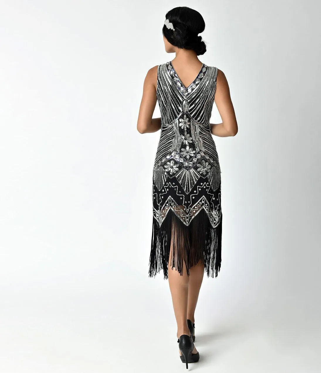 Unique Vintage 1920s Deco Silver & Black Veronique Fringe Flapper Dress