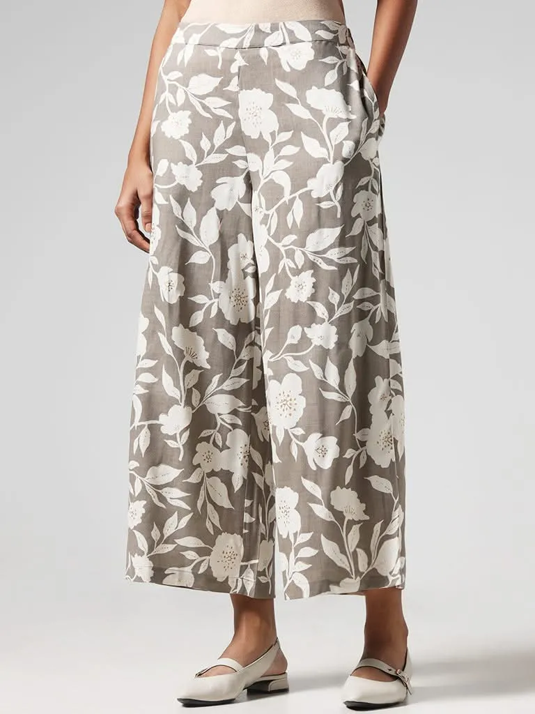 Utsa Grey Floral Printed Mid Rise Palazzos