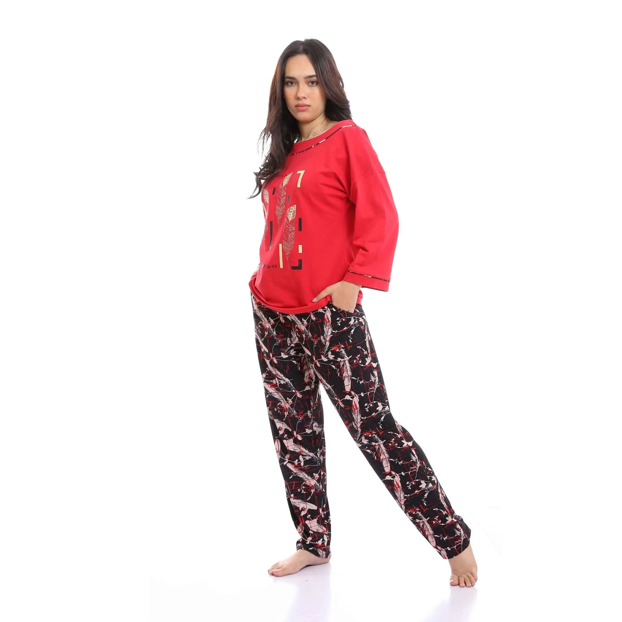 Wide Boat Neck Tee & Patterned Pants Pajama Set - Red & Black