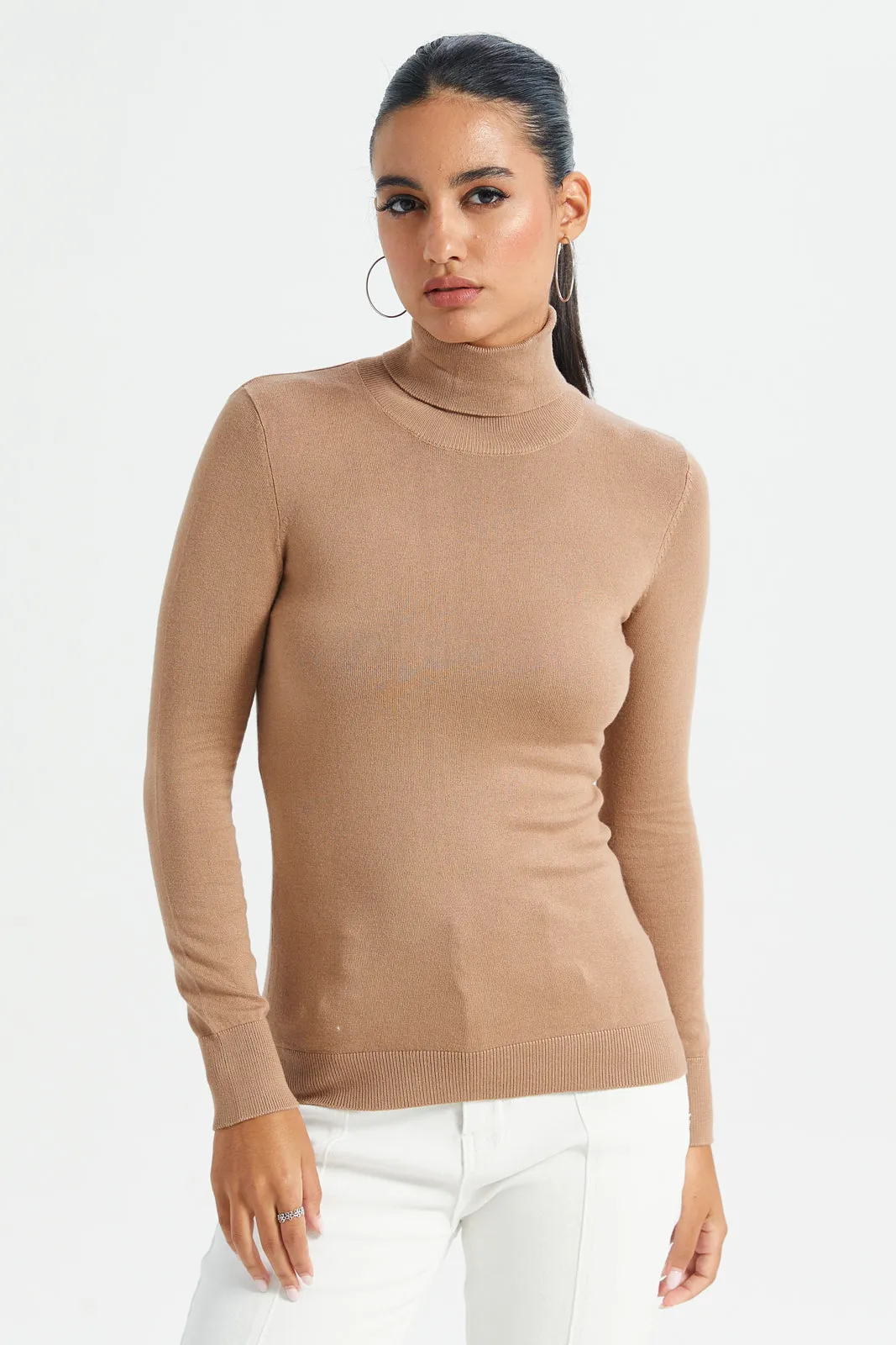 Women Brown Turtle Neck Pullover